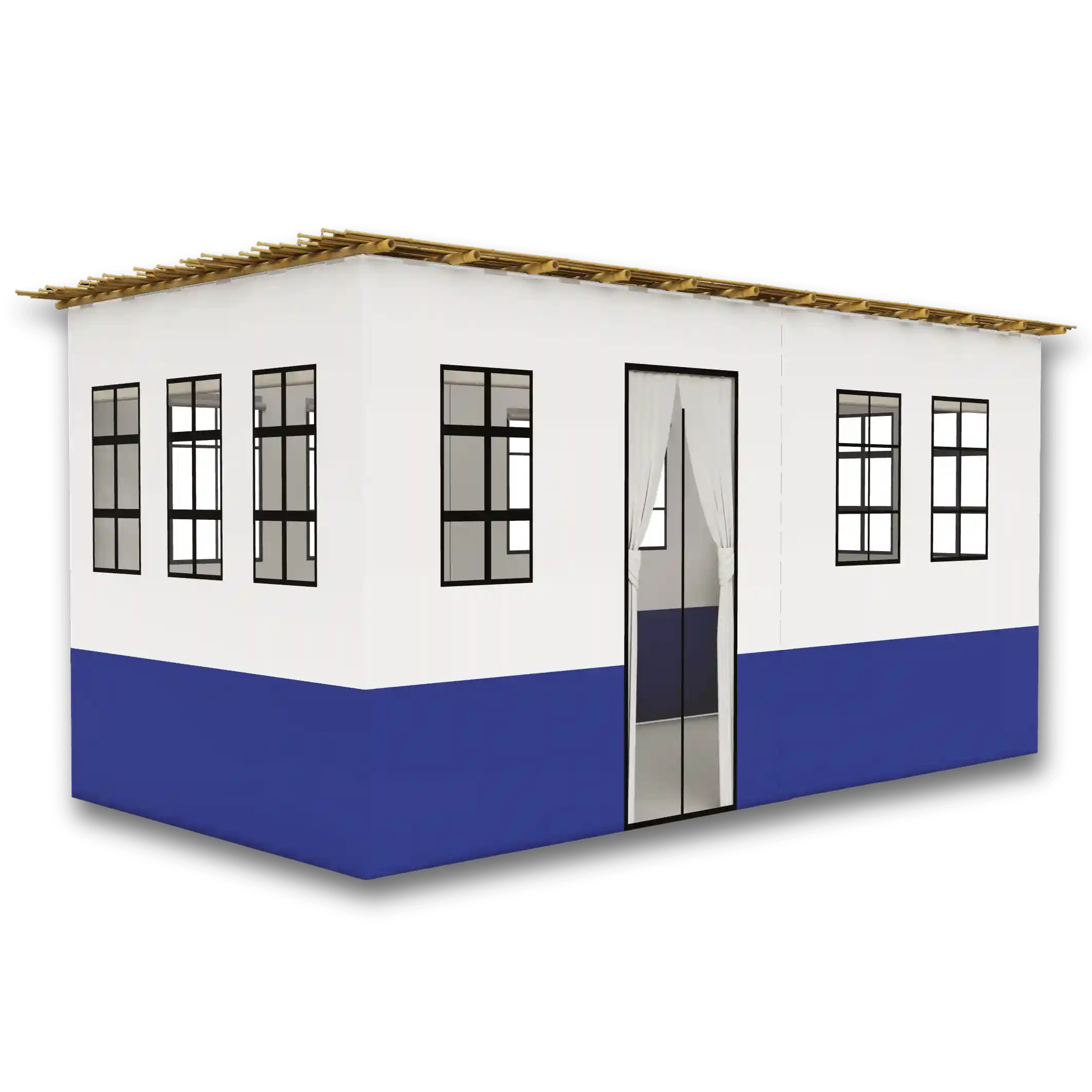 white and blue sukkah with big windows with no background