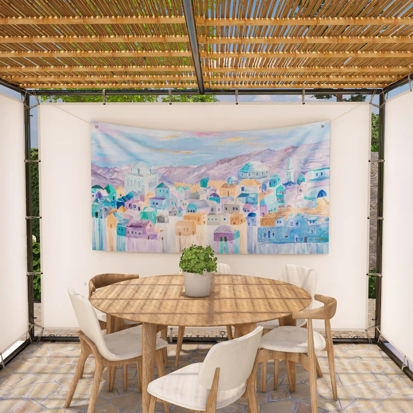 Sukkah decoration hanging in a sukkah