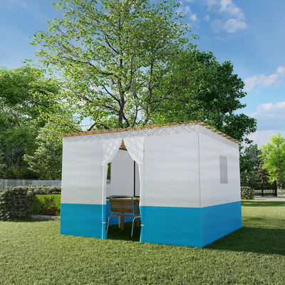 Blue and white tent on front lawn covered in sukkah bamboo mats