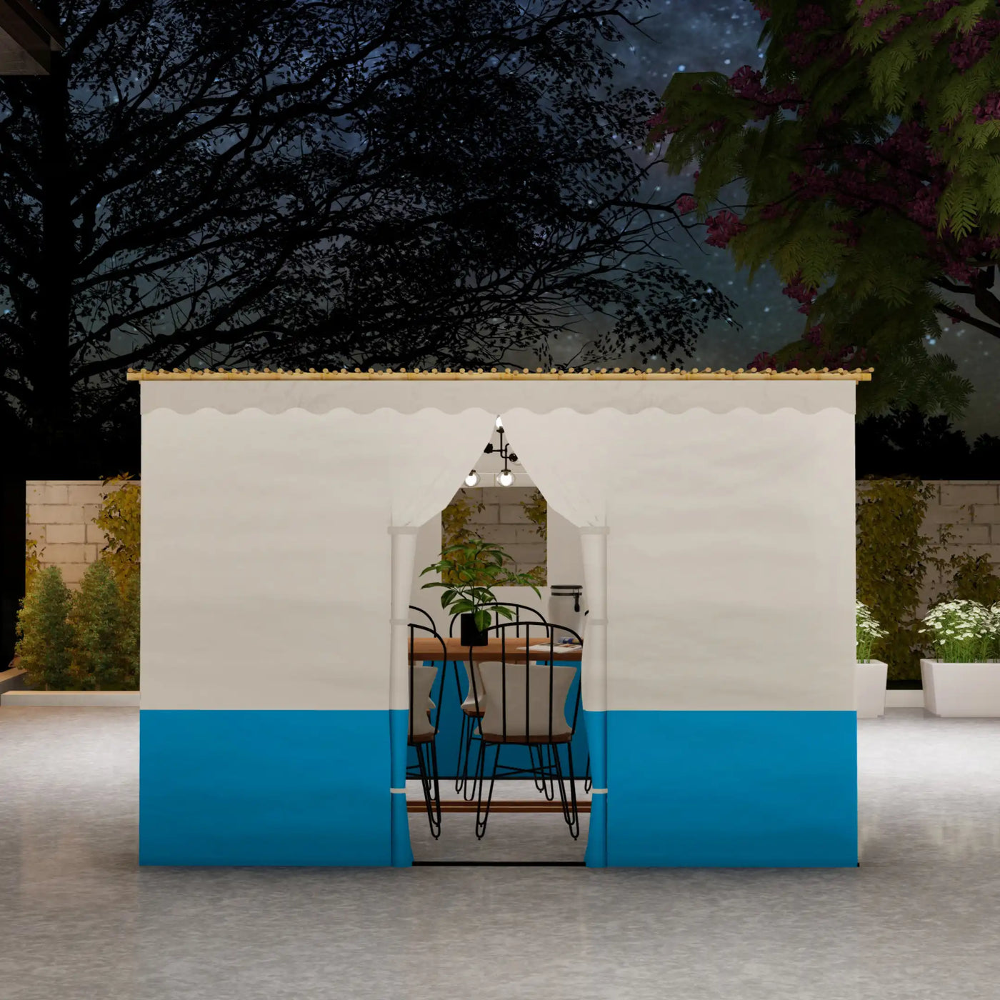 Two-tone Sukkah sukkot in modern backyard.