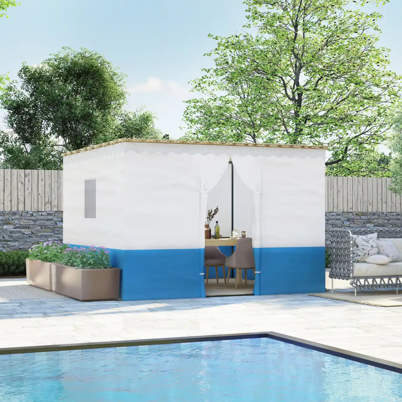 Blue and White Succah with schach sukkah roof with a swimming pool in front