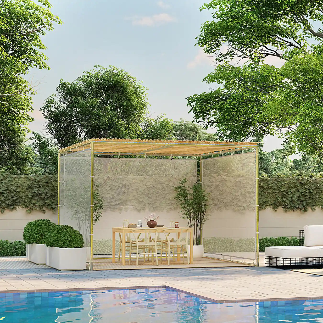 A prefab succah with mesh walls in a backyard with a swimming pool 