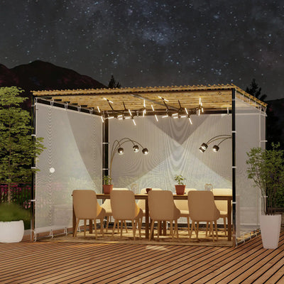 a mesh sukkah kit set up with a bamboo sukkah roof and schach mats in a mountain area with a stary sky