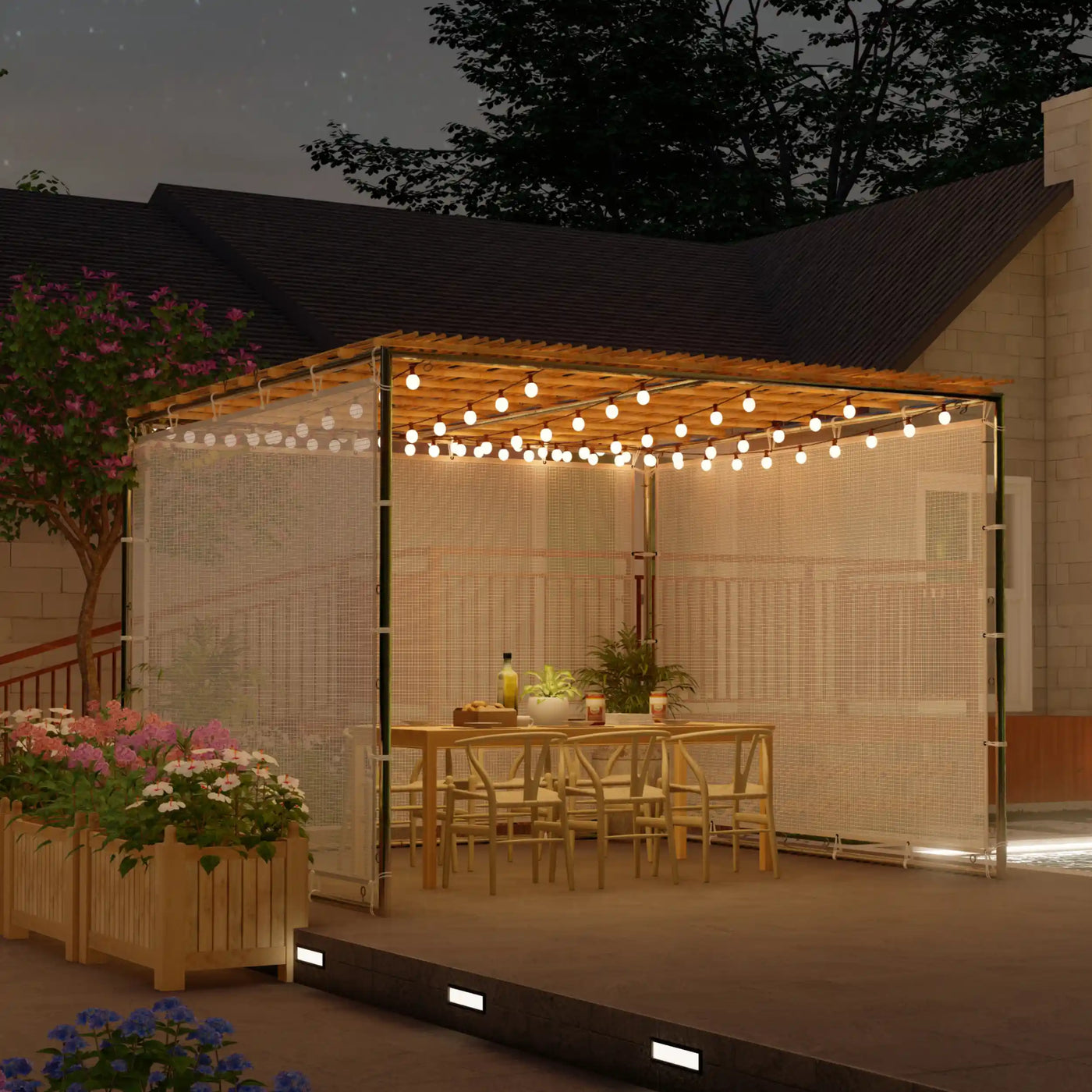 A grogeous prefab sukka kit with mesh walls at night glowing with light