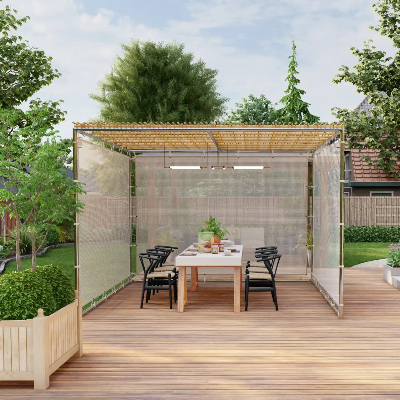 a sukka with mesh walls during sukkot with bamboo schach mat on the roof in a private backyard